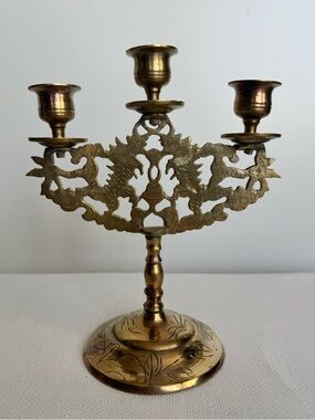 Vintage Engraved Brass Candelabra Candlestick Holder